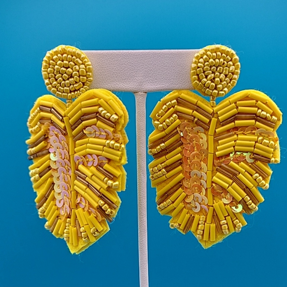 Vibrant Yellow Beaded Banana Leaf Earrings
